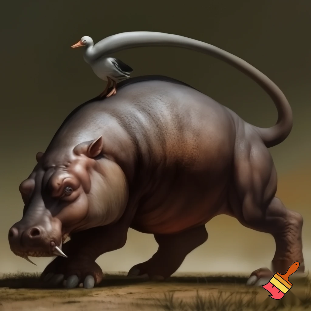 crea un animal con cuerpo de hippopotamo garras de tigre cola de puma patas de avestruz y cabeza de pato

