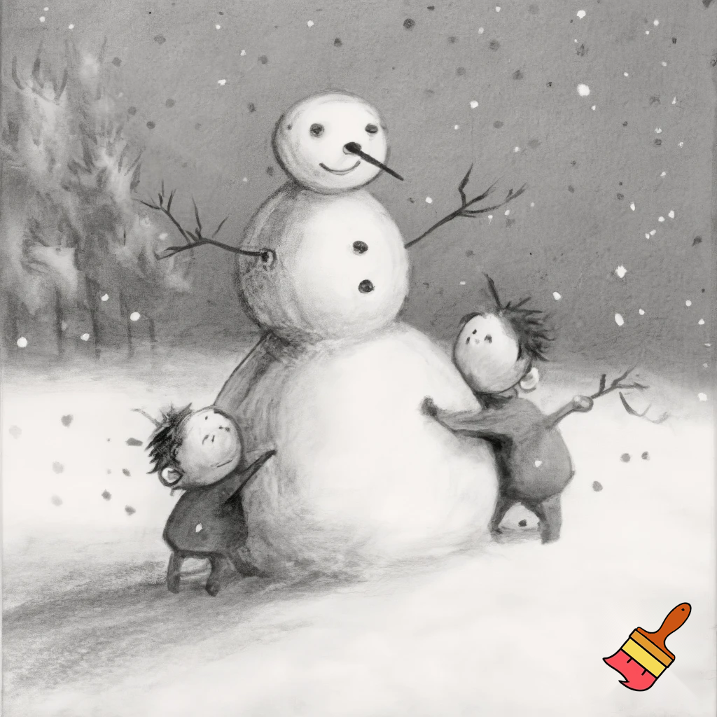 snowmen mum and two sons pencil drawing 
