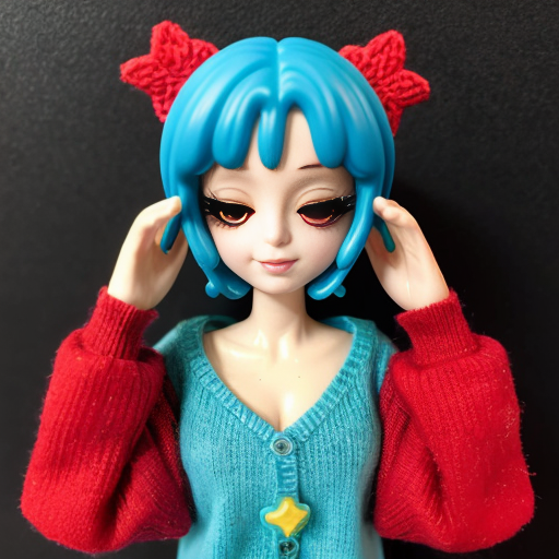 a red gachapon with a dark red rim. Her eyes are half-closed with dark red eyelids and two eyelashes on each of the lower lids. The upper half of her head is a translucent, pale blue lid that can open up. She wears a cyan sweater with a darker neckline and a yellow star on the chest. The sleeves are long and oversized, covering her hands entirely. She has dark red legs and red feet