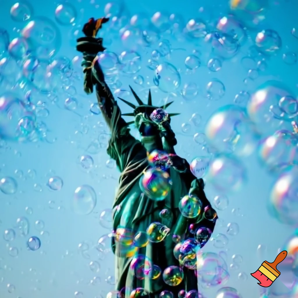 statua della libertà formata solamente da tante piccole bolle di sapone. non deve avere parti che non siano di bolle di sapone. a figura intera