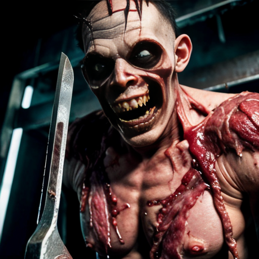 a blood-streaked industrial meat freezer, its frost-laced steel walls lined with human carcasses suspended from rusted hooks—some intact, others flayed open to reveal glistening viscera. At the center, a towering butcher in a stained apron looms, his face obscured by a tattered 1950s Frankenstein mask, its rubbery grin cracked to reveal glimpses of the demonic, yellow-eyed horror beneath. His cleaver drips black ichor onto the concrete floor, where a twisted imp squats amidst severed limbs, gnawing on a femur with needle-like teeth. The air is thick with the metallic stench of butchery, frozen breath curling from the demon-butcher's nostrils as he turns toward the viewer, his shadow stretching unnaturally across the hanging corpses like a promise of slaughter.