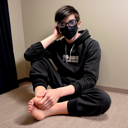 an anime style teen boy, showing his soles, with dirty, sweaty black socks as the main focus, wearing a black face mask, that covers his mouth and nose, weaing glasses, he has a few brown bangs, the hoodie covering the rest of his hair, ready for somebody to massage his socked feet, wearing black sweatpants