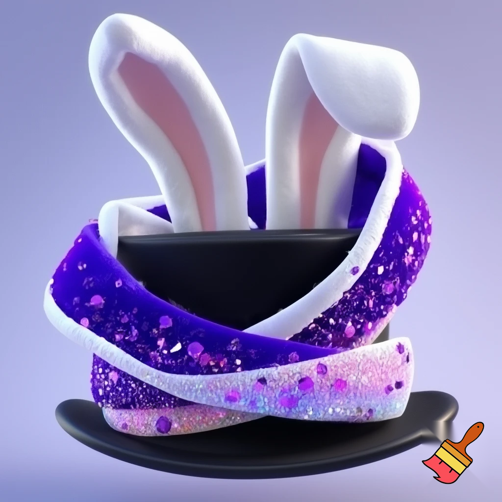 Black top hat with bunny ears velvet white and purple purple and white headband fabric and velvet glitter, purple and pink