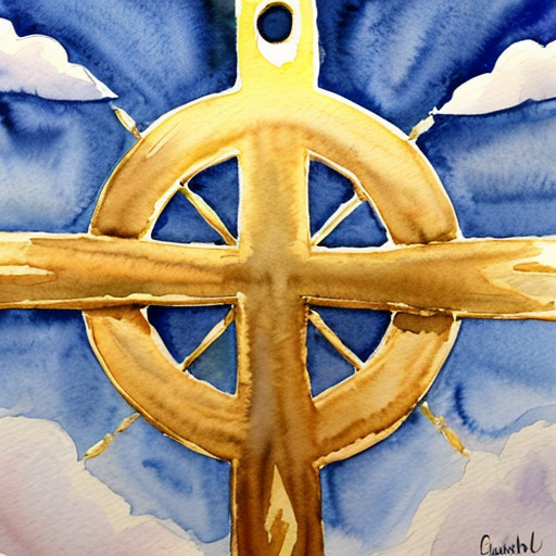 A golden cross above the sky with a small golden scroll and sword and above it a rainbow