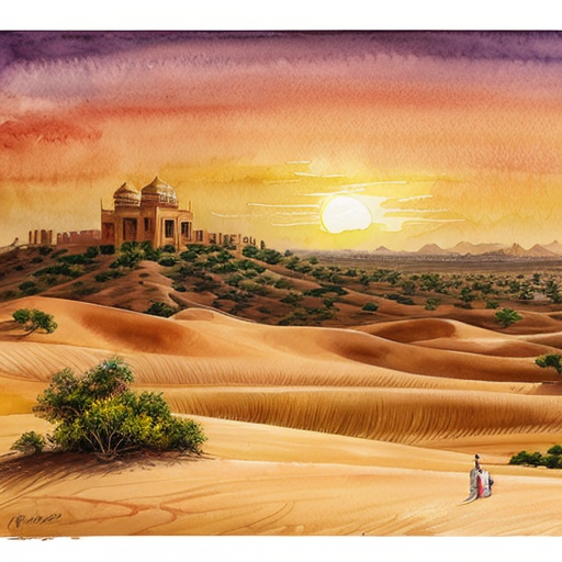 Ancient Rajasthan kingdom Vijaypur, grand palace on desert hills, golden sunset, royal flags waving, cinematic wide shot, ultra realistic, 4K historical Indian kingdom