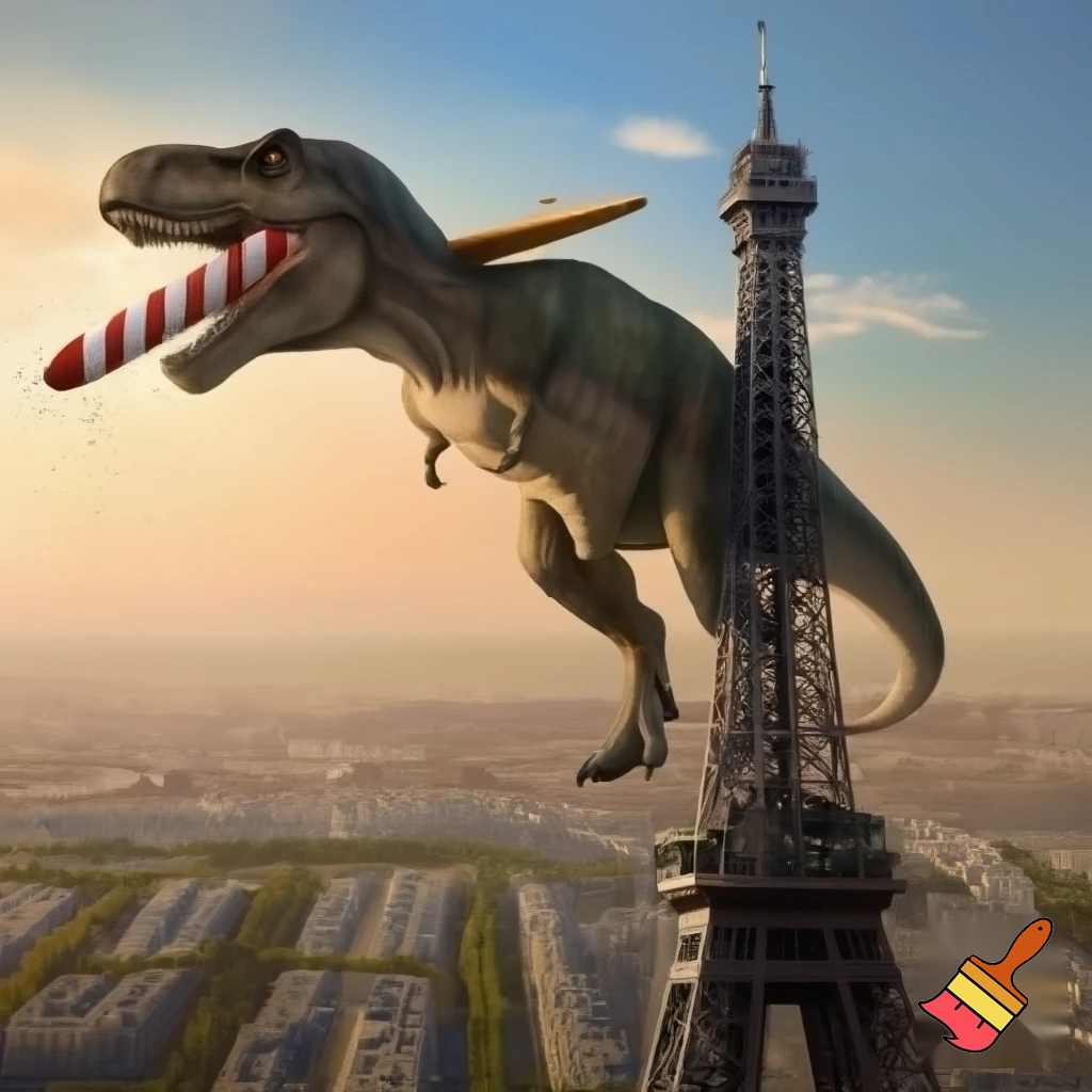 a t rex sitting on the Ifle tower eating a baguette dressed as an aeroplane