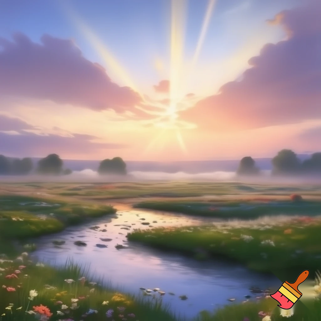 peaceful sunrise in a meadow or brook