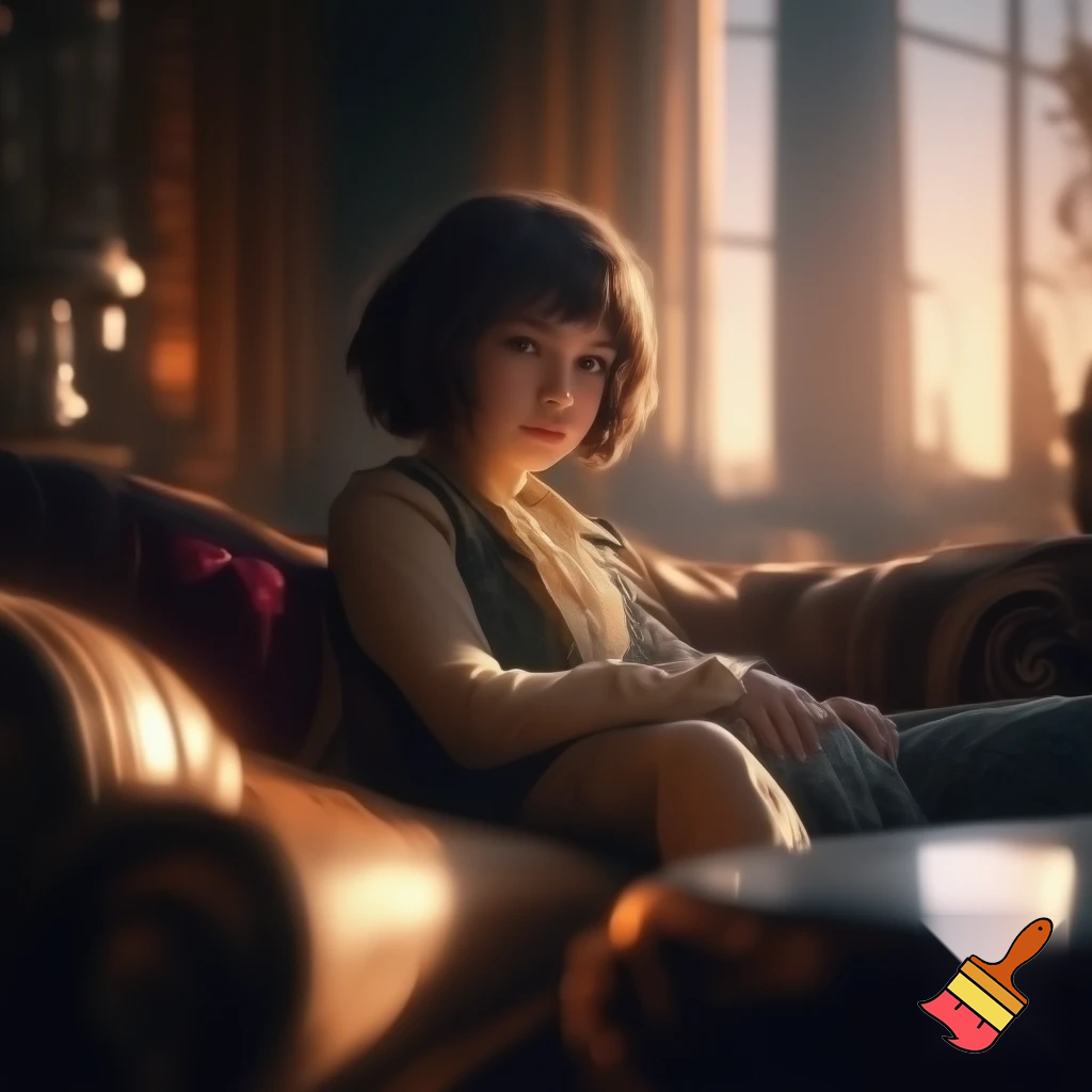 "A young person sitting elegantly on a luxurious sofa in a cinematic living room, warm golden-hour lighting streaming through large windows, soft shadows, dramatic depth of field, ultra-realistic textures, cozy yet epic atmosphere, cinematic composition, high detail, 8K resolution.