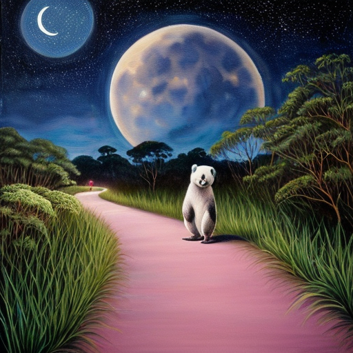 
A painting of a cute panda and koala sit , standing on a glowing path filled with fireflies. In the background, a calm sea under a bright full moon and a starry sky. Two bluethroat birds are flying gracefully above them."