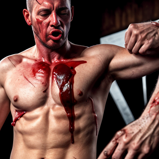 A gangster lifeless man body, shirt pull into shirtless, opened wounded making exposed ribs and gore on center chest, blood bleeding mouth, both eyes closed.