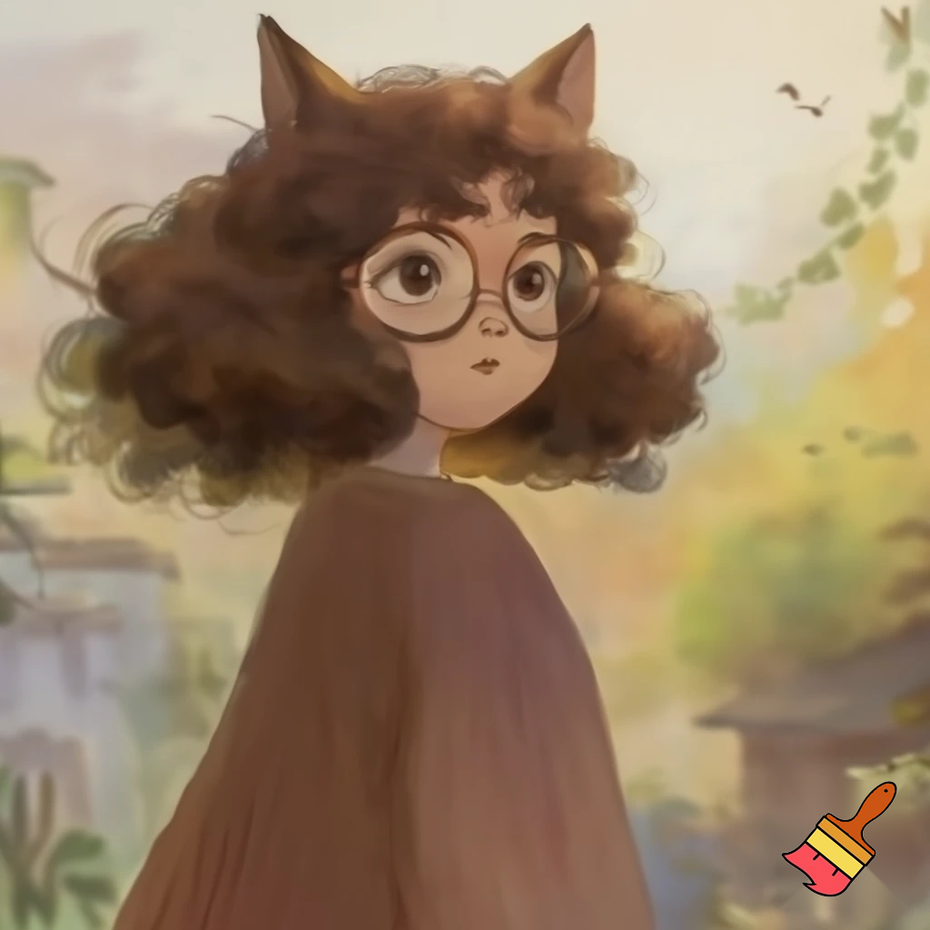CUTE cat woman with curly hair and glasses in a ghibli style