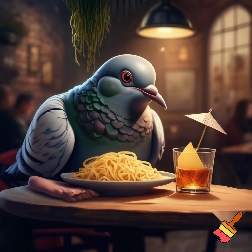 The Pigeon is in a cozy cafe eating spaghetti and potato chips with barbados rum.