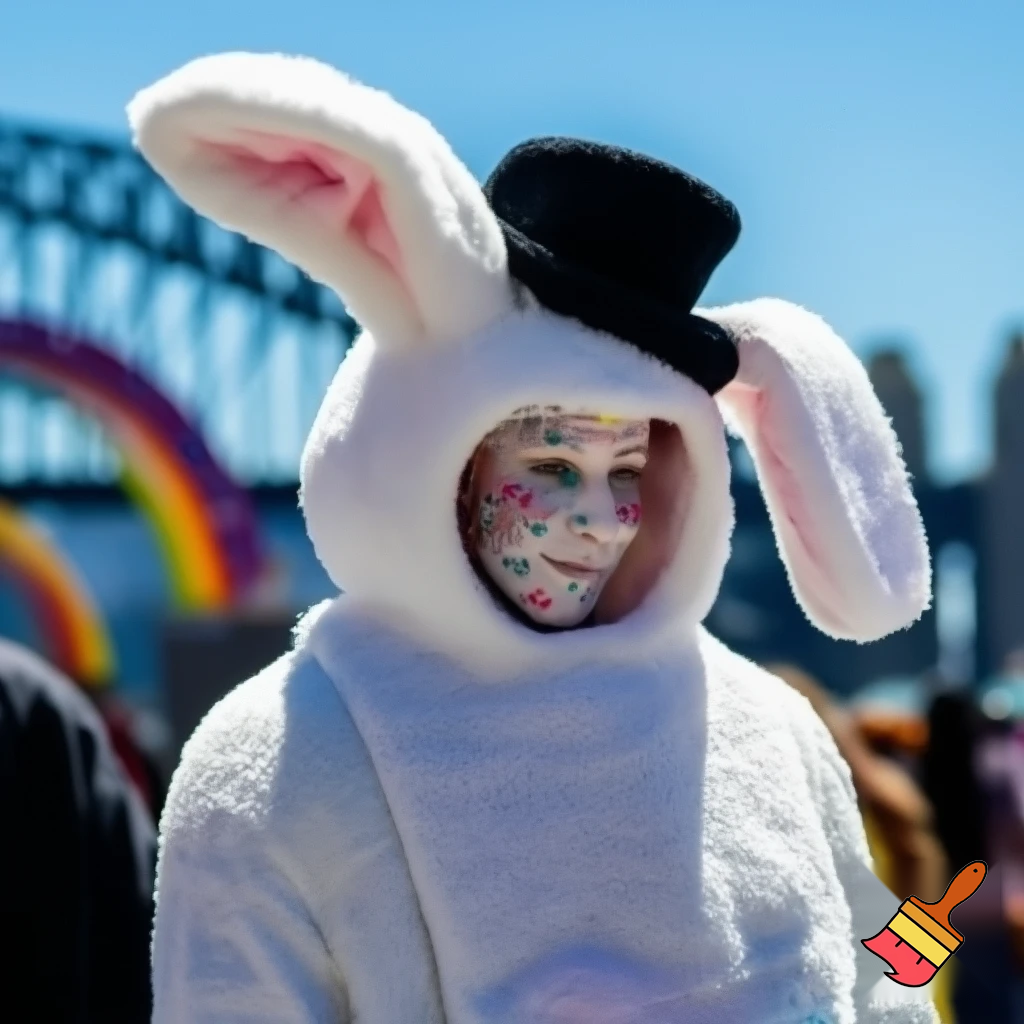 Easter bunny costume top hat person special in delicate face painting Luna Park Sydney