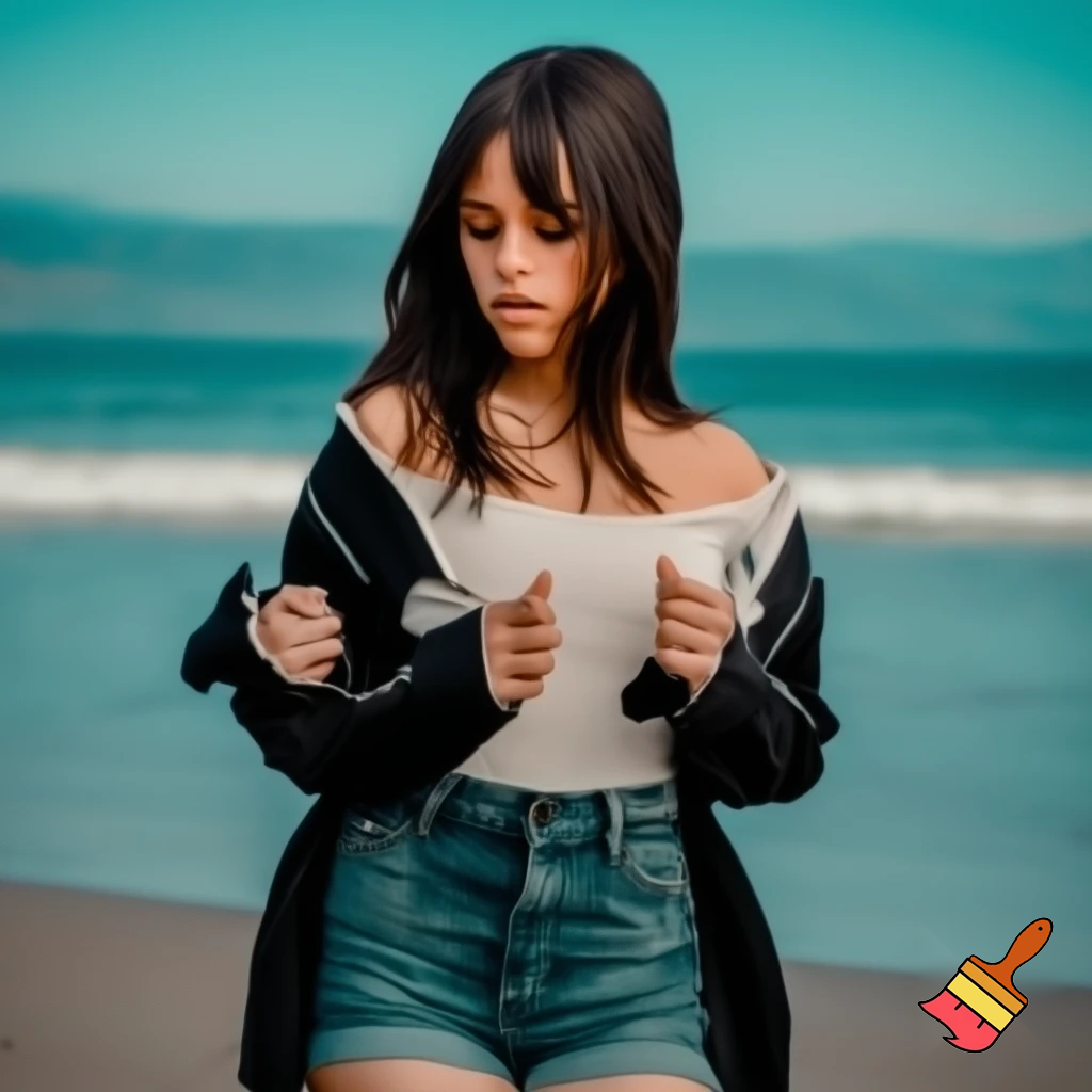 Jenna Ortega in denim shorts and a off the shoulder shirt on the beach 