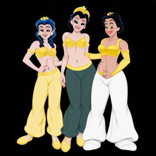 90's disney's 2d aladdin style comic black background and of tiana with dark green harem pants and bra and curved slippers conjoined by the belly of snow white with yellow harem pants and yellow bra and yellow curved slippers both gives a smile and winking their left eye 