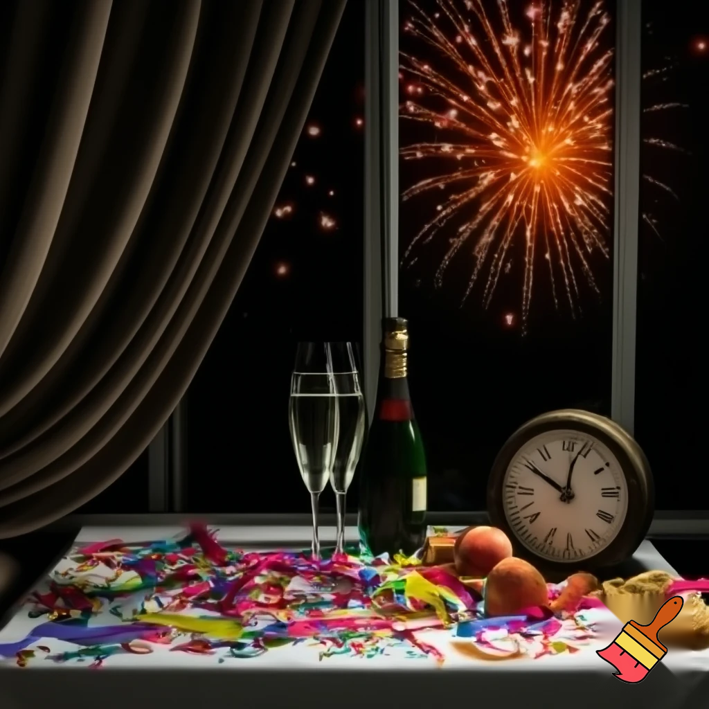 on the table a white tablecloth, two glasses of champagne, a bottle, hanging colorful paper streamers, confetti, snacks and fruit, next to it there is an old clock with numbers on the clock face, midnight hour, in the background there is a window with curtain and fireworks outside the window