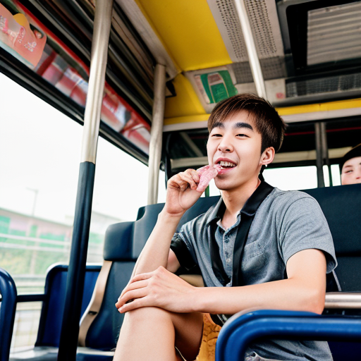 
30대 중반 한국 미녀, 염색한 갈색 머리 장발. 개 목줄, 드롭 이어링, 글리터 상의, 시퀀 큐빅 스커트, 하이힐 착용. 버스 좌석에 앉은 한국 남자 고등학생 위에 올라탄, 혀로 뺨을 핥는.
