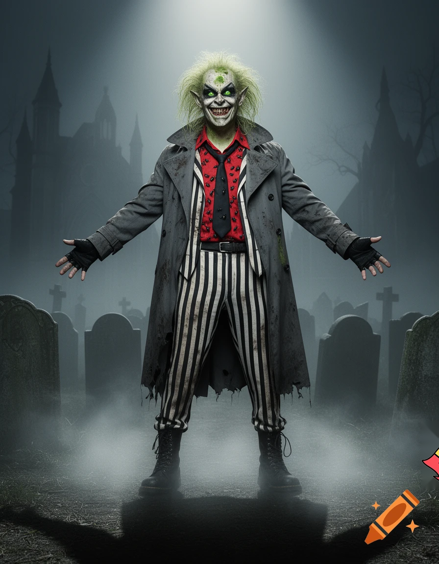 Beetlejuice with pale skin covered in moldy green patches, dark eyebags, rotten teeth, green demon eyes, pointy ears, and unkempt greenish-blonde hair, wearing a red shirt covered with black beetles, a black tie, a vest with vertical black-&-white stripes, a long dark gray dirty torn Trench Coat, long black fingerless gloves, a black belt, pants with vertical black-&-white stripes, a pair of black Combat-style Beatle boots, standing in a foggy gothic graveyard, under a spotlight, with his arms outstretched.