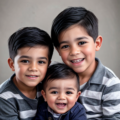 Generate a family photo of 2year old year old triplet boys with black hair make sure they have black hair mexican
