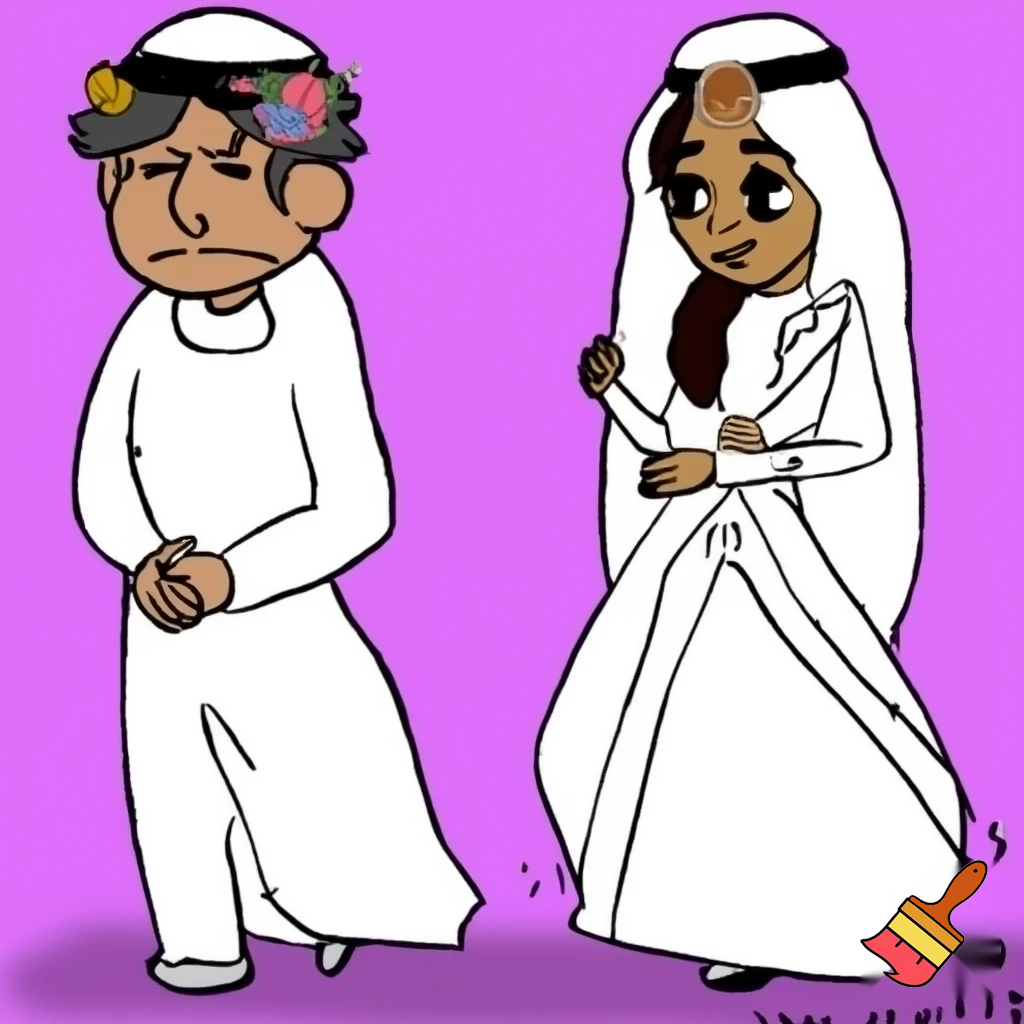 arab princess walking down the aisle next to her soon to be husband side view looking sad sketch