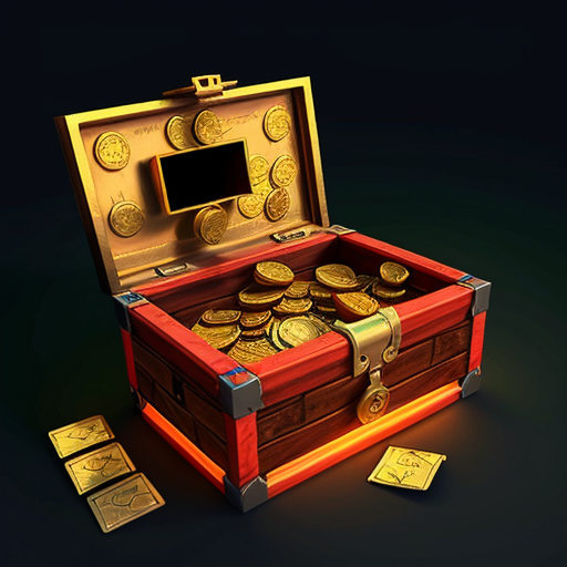 cartoon 3D magical treasure chest, glowing runes, enchanted locks, overflowing enchanted coins and cards, colorful magical aura, fantasy game asset, front view, transparent background