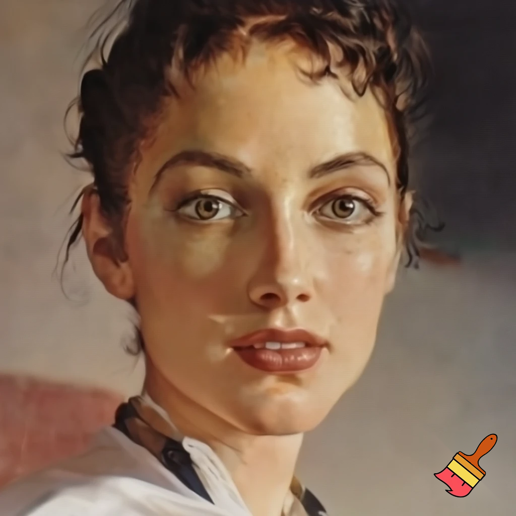 award winning portrait of a fragile woman with immaculate features, captivating eyes looks straight at the camera, perfectly radiant, painted by Norman Rockwell