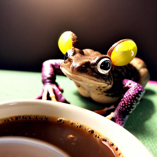 A hillarious, funny boho toad with some hippie colored coffee cups. Psychedelic decorated background, hyperrealistic. Close-up view.