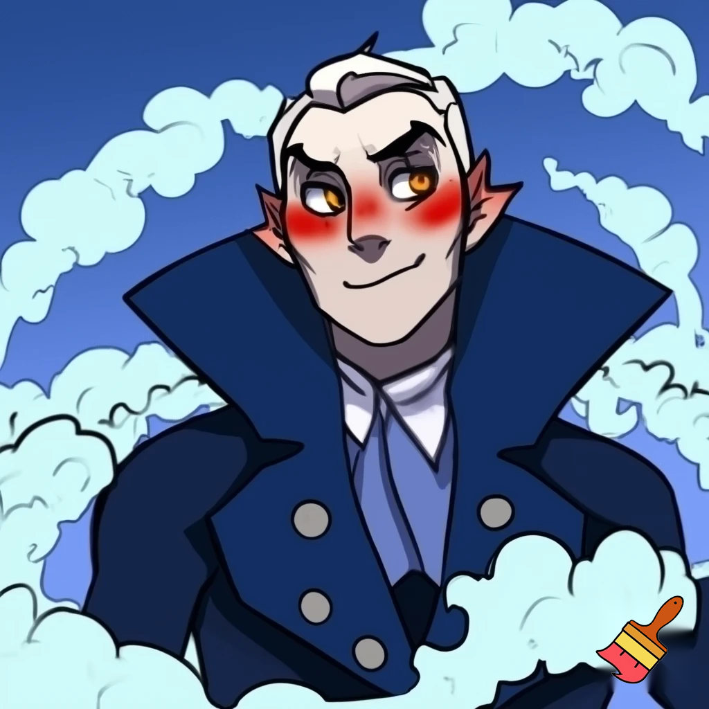 Percival de rolo from Vox Machina in the cartoonish art style of hazbin hotel wearing his signature blue overcoat and smoke curling around him