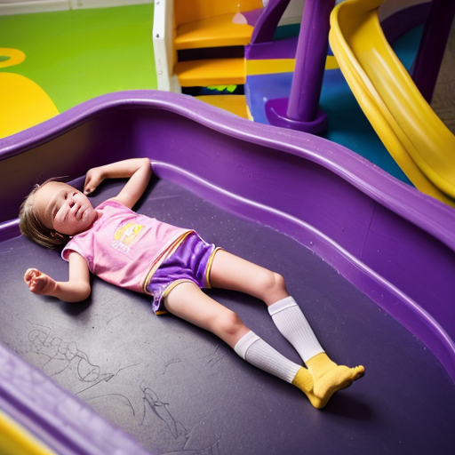 A girl lying down on the soft colourful Stairs wearing summer pink vests and purple shorts and yellow socks in indoor playground age 5 - 10