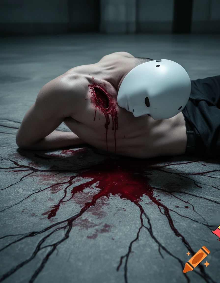 A shirtless man, face are wearing mask, died, chest open wounded, blood everywhere.