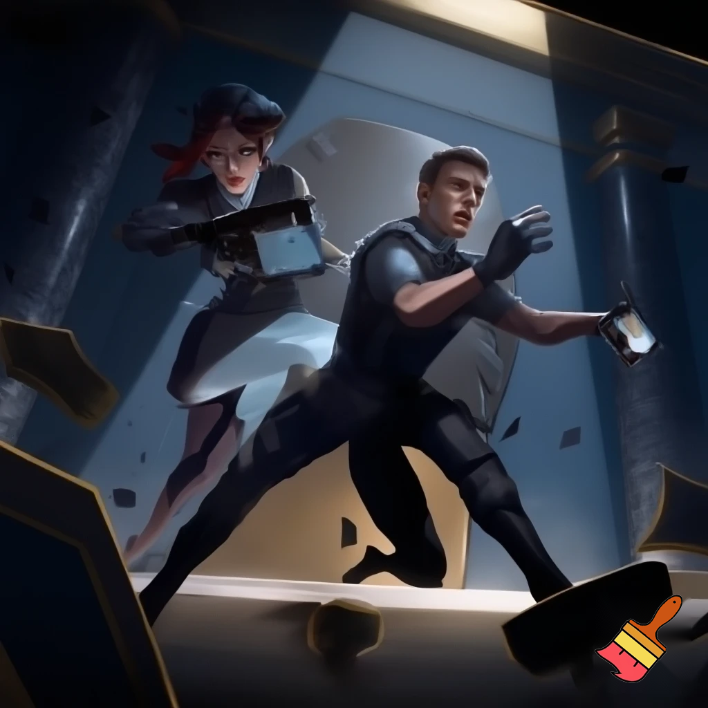 A male and female robbing a bank