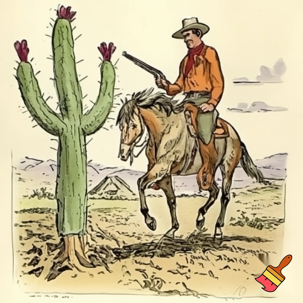 draw a western scene with cactus a horse with cowboy   give a vintage appearance.
