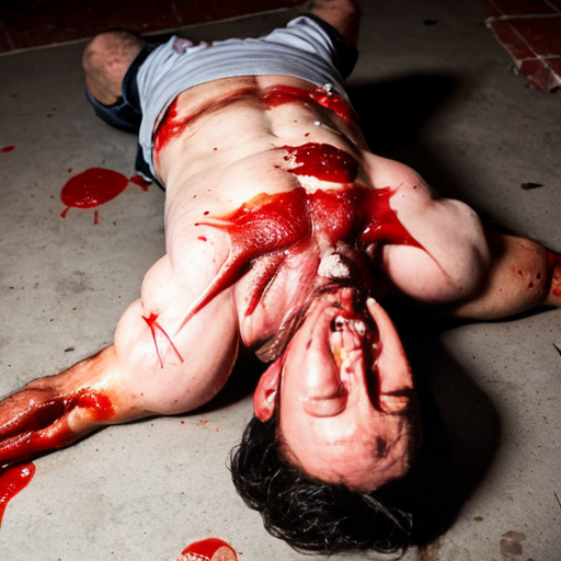 A gangster lifeless man body on floor, shirt pull into shirtless, opened wounded making exposed ribs and gore on center chest, blood bleeding mouth, both eyes closed.
