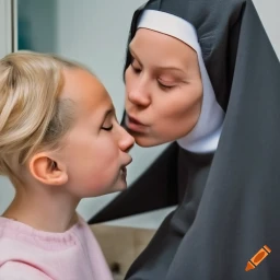 lesbian nun kisses blonde pigtail preteen girl in bathroom
