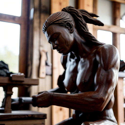 Hyper-realistic documentary style photograph of a teenage wood sculptor carving a life-size full-body wooden statue (9:16 scale) of [IRONHEART], the statue is standing upright in a neutral pose, the statue is the same height as the sculptor or slightly taller, full body visible from head to feet, realistic human proportions, extremely detailed wood grain, visible chisel marks, carved clothing folds, the sculptor is standing close and working on the statue’s leg area using a hammer and chisel, outdoor rustic workshop, wooden logs and planks around, sawdust and wood shavings scattered everywhere, natural soft sunlight, cinematic bokeh, natural shadows, realistic earthy tones, Nikon DSLR photo, 85mm lens, f/1.8 depth of field, ultra sharp focus on the statue and the sculptor hands, 8K realism, professional documentary photography, no text, no watermark