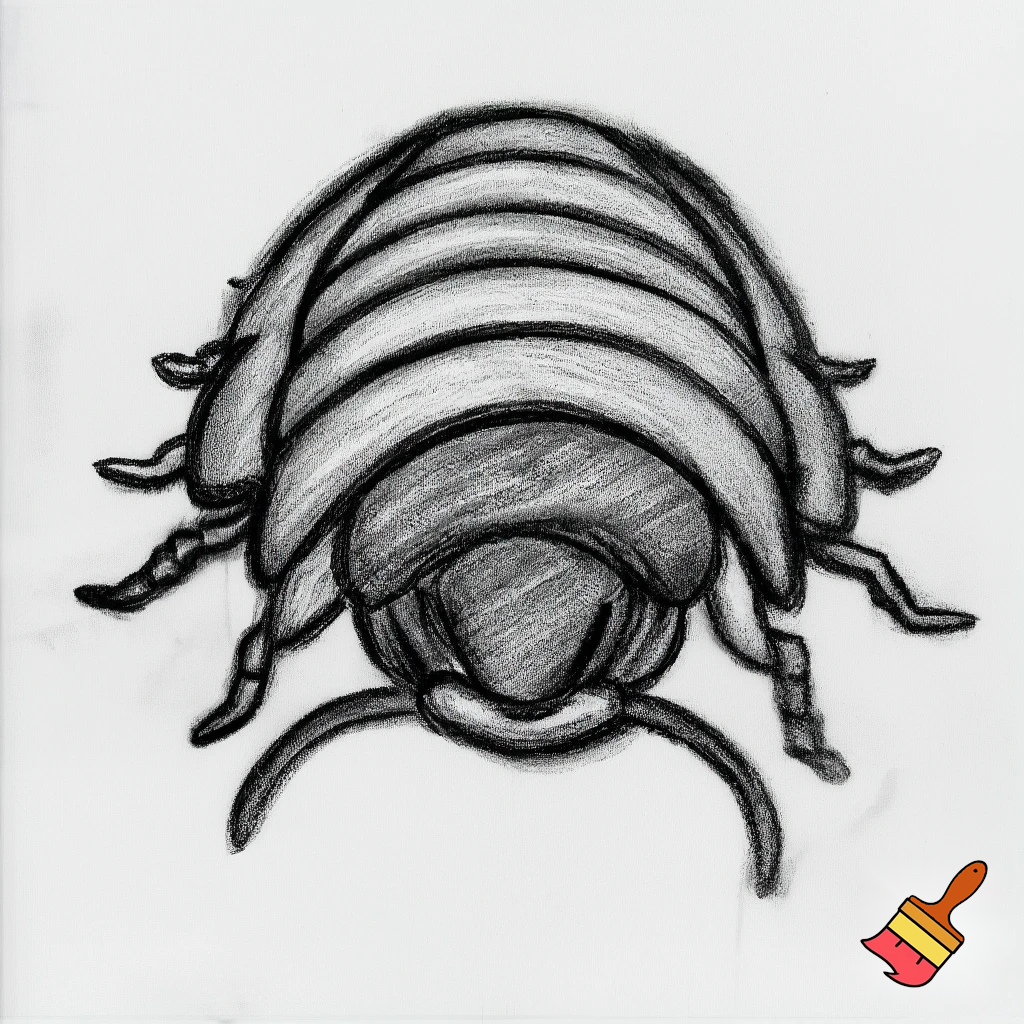 A crayon drawing of a isopod/ Pill bug