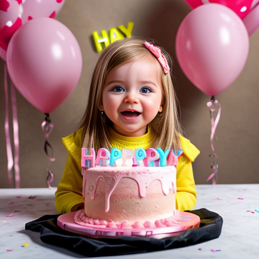 create a 2 year old daughter with blonde hair with blue eyes in pink on her birthday in front of a cake at a house 