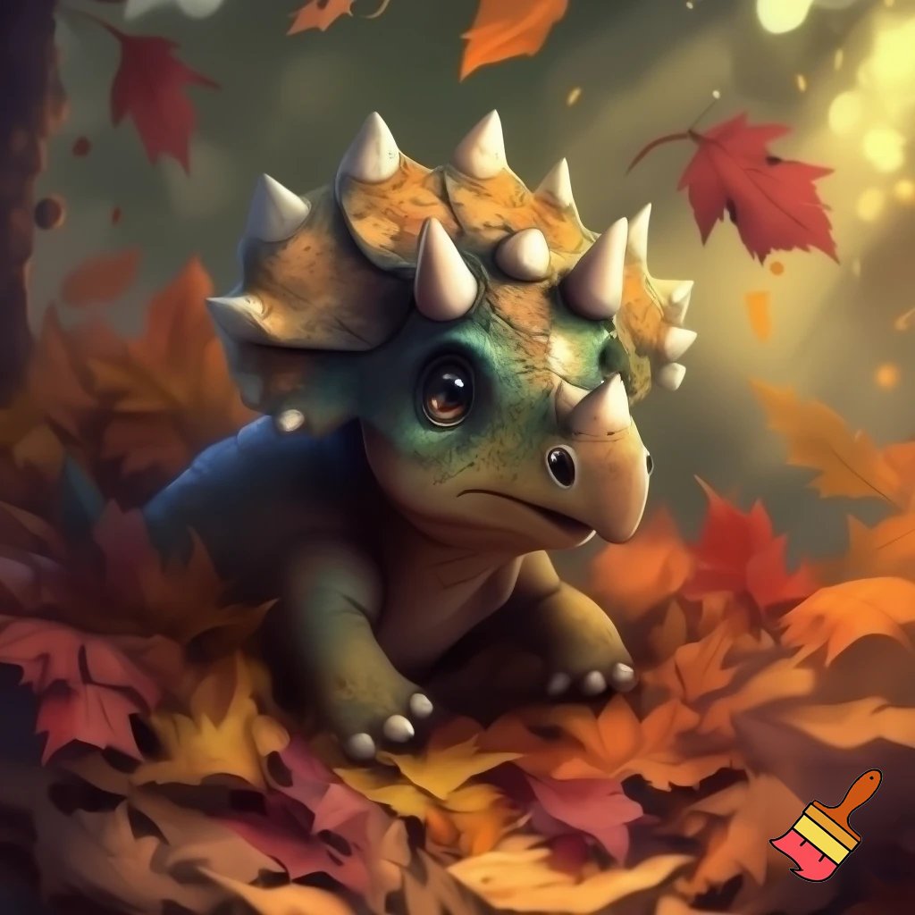 Cute baby triceratops hiding his head in pile of leaves 