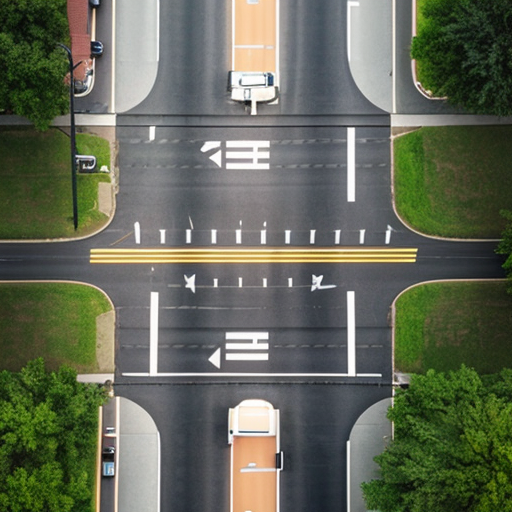 a road with a zebra crossing it one end in a suburban setting, symmetrical aerial view
