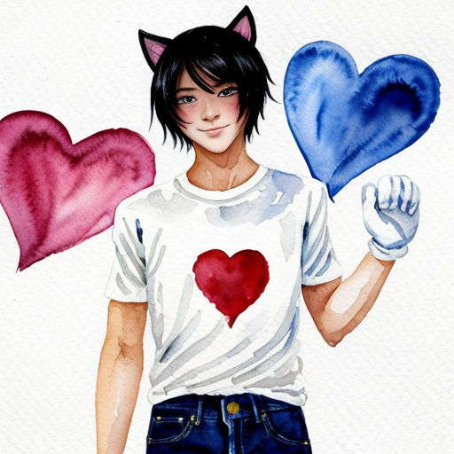 anime teenage boy with red eyes, black hair, white cat ears, a white shirt
, blue jeans, black gloves with one love heart per glove and a brown cat tail with a white stripe near the tip.