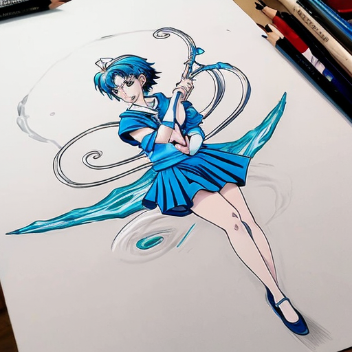 Please generate an anime style drawing of sailor mercury's wand using the following link as inspiration (https://pin.it/KKzZ57jfJ). The handle of the wand should be surrounded with fluid water which wraps itself around the staff elegantly. There should only be a minimal amount of shading applied to the drawing. 