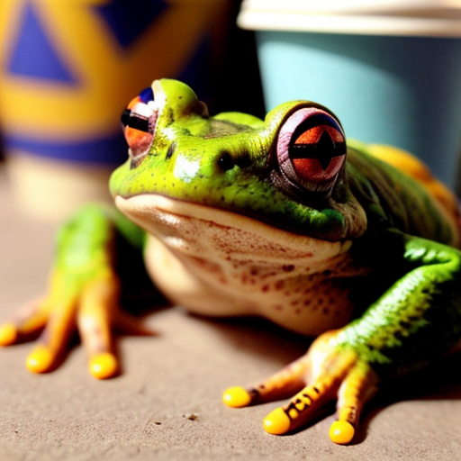 A hillarious, funny boho toad with some hippie colored coffee cups. Psychedelic decorated background, hyperrealistic. Close-up view.
