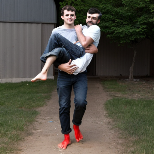 A barefoot young man carrying teenage boy while standing on tiptoes