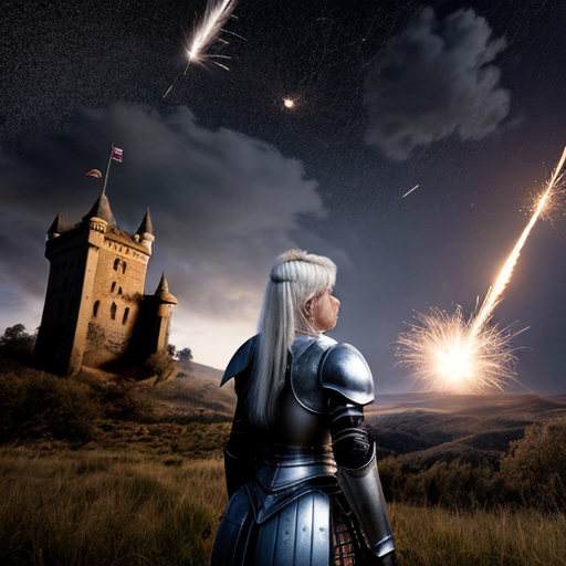 young white-haired woman in armor watches as meteorites fall on her castle