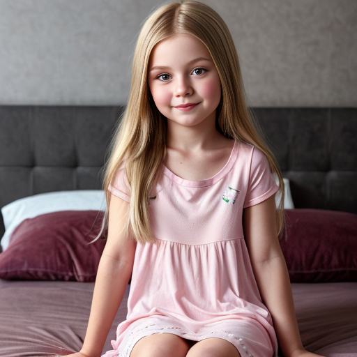russian little girl, blonde long hair, nightdress, bedroom background