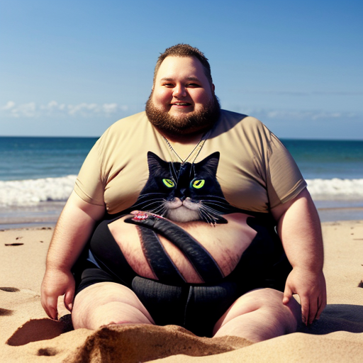 A fat man on the beach wearing virolo cat t-shirt