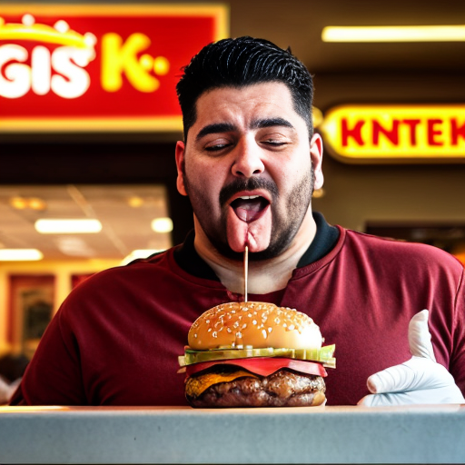 a big burger picking up a human in Burger King, licking his lips as he readies for his feast