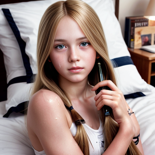 teen girl with blond twin tail hair and red eyes at bed. watercolor painting by artgerm and greg rutkowski and alphonse mucha, middle school, elementary , rain, wet,