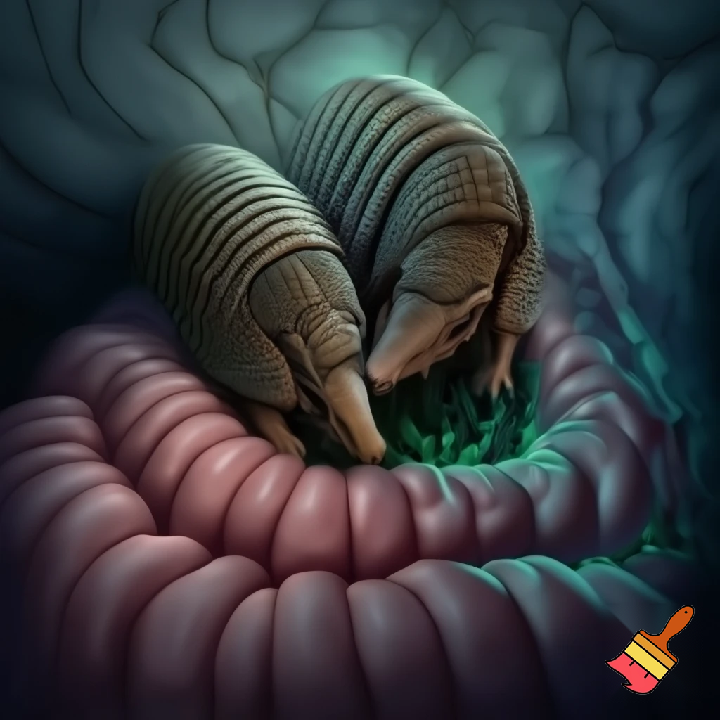 Armadillos wrestling inside a fat man's large intestine 