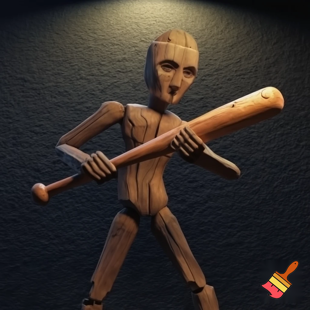 wooden figure with arms and a bat